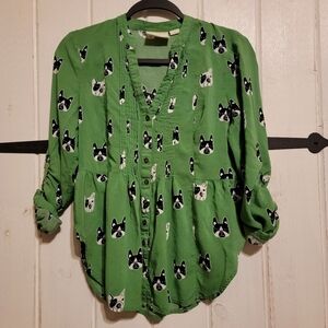 Maeve Anthropology Womens Blouse French Bull Dog Print Green Size 4